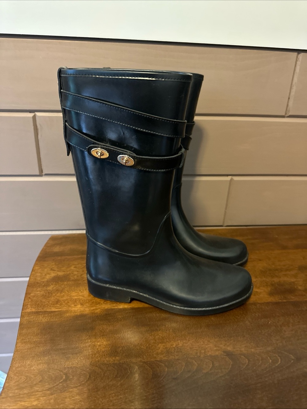 Coach Black Tall Tara Rain Boots with Gold Turn-Lock Accent